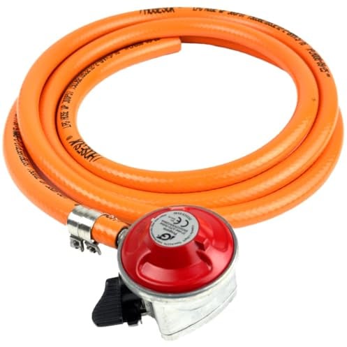 Propane Regulator (Red) 27mm Clip On 37mbar + 8mm LPG Gas Hose + Clips 1 Metre Patio BBQ Gas Regulator