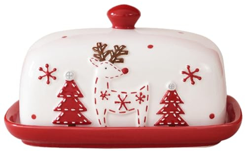 Piatto di burro di Natale 7x5x4 piatto di burro in ceramica con coperchio a sfera rotonda e design in rilievo 3D multiuso a tema natalizio per, caramelle, biscotti