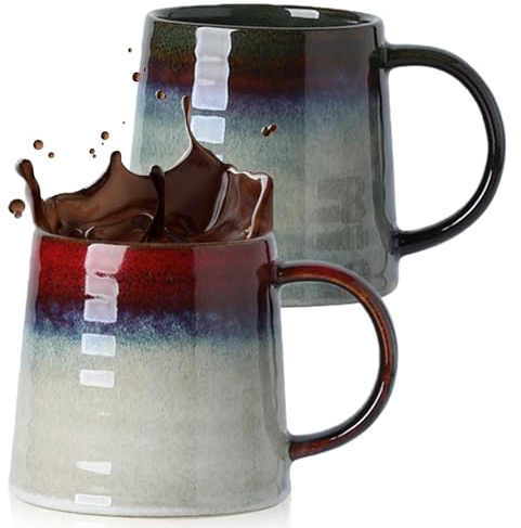 Lot de 2 grandes tasses à café en faïence 450 ml avec anse, pour le bureau et la maison, faciles à tenir, micro-ondes et lave-vaisselle, vert encre et rouge encre