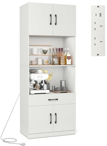 COSTWAY 168cm Tall Kitchen Cupboard, 4-Door Buffet Pantry Storage Cabinet with Built-in Power Outlet, 2 Adjustable Shelves & Anti-tipping Device, Modern Sideboard Unit (2 Open Shelves, with Drawer)