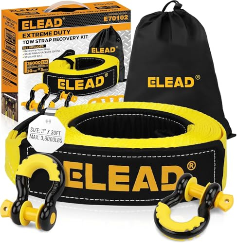 ELEAD 3 x 30ft (7.5cm x 9m) Heavy Duty Recovery Tow Strap with Hooks, 16 Tonne Break Strength, 2 x 3/4 D-Ring Shackles, Off-Road Rope for 4x4, SUV & Truck