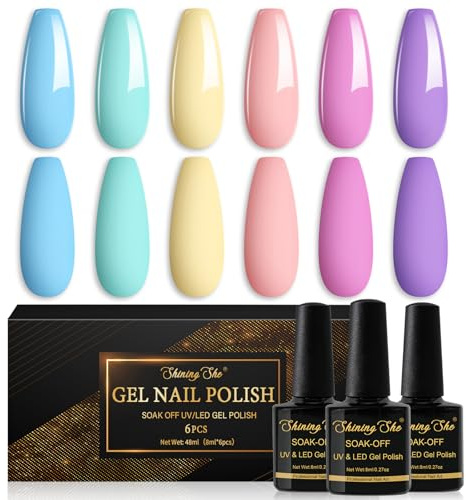 Shining She Smalto Semipermanente Pastello, 6 Colori Macaron Rosa Blu Verde Menta Viola Giallo Burro Smalto Semipermanente Unghie Soak-Off UV/LED Regalo per Salone di Manicure DIY a Casa, 8ML