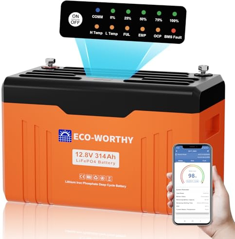 ECO-WORTHY Bateria LiFePO4 12V 314Ah EnergyTrek con Bluetooth, Indicador LED
