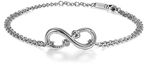 JewelryWe Schmuck Damen Armband Fußkettchen, Infinity Unendlichkeit Herz Lieben Zeichen Charm Fußkette Armkette Armreif, Zirkonia Diamant Edelstahl, Weiß Silber