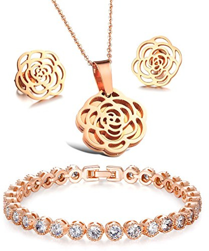 Kim Johanson Edelstahl Damen Schmuckset Rose Blume in Roségold Halskette mit Anhänger, Ohrringe & Armband inkl. Schmuckbeutel