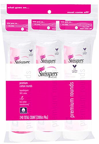 Swisspers Premium 100% Cotton Rounds, Hypoallergenic, 240 Count | Hypoallergenic, 3 Packs of 80 Count, 3240 Count Total