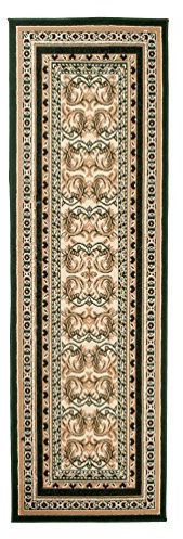 Carpeto Teppich Flur 100x250cm Grün Florales Muster Traditionell Weich | Teppich für Eingangsbereich Büro Küche Wohnzimmer Schlafzimmer Pflegeleicht Tierfreundlich Allergikerfreundlich Kurzflor