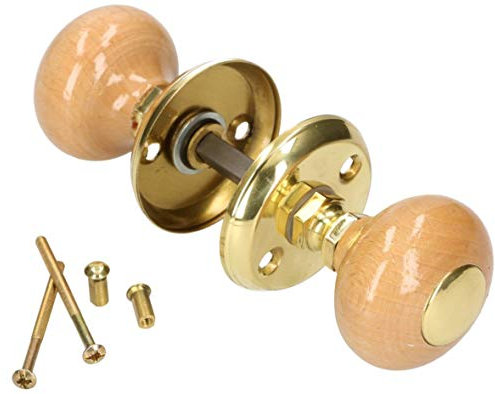 KOTARBAU® Türknauf Drehbar Holzgriff Braun Messing Türbeschlag Türgarnitur Türgriff Kugelknauf Türknopf Rosette Vierkantstift Rund Möbelgriff Gold