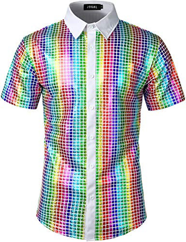 JOGAL Herren Pailletten Kleid Shirt 70er Disco Party Kustüm XX-Large Weiß Mehrfarbig