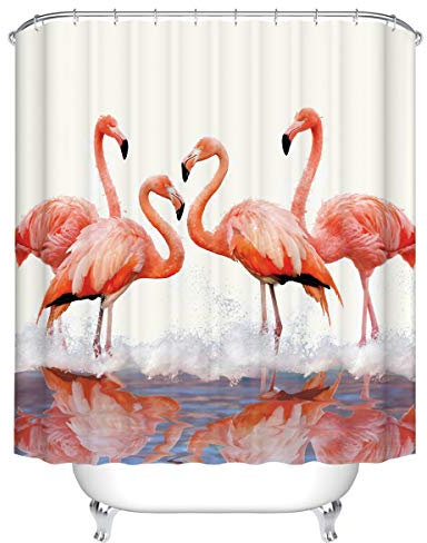 Duschvorhang, Morbuy 3D Digitaldruck Top Qualität Schimmelresistenter und Wasserabweisend Shower Curtain Waschbar Mit 12 Duschvorhangringen 100% Polyester (180x200cm,Flamingo)