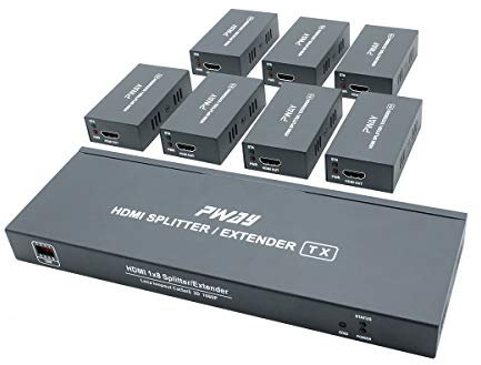 HDMI Extender Splitter 1x7 7 Port Over CAT5E/CAT6/CAT7 Ethernet Cable with an HDMI Loop Out & POC Function & EDID Management –Up to 50m (165ft) at 1080p 60Hz