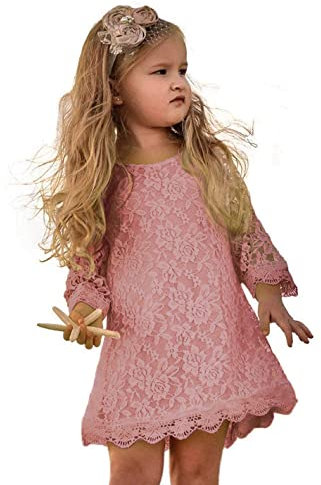 APRIL GIRL Blumenmädchenkleid, Spitzenkleid 3/4 Ärmel Kleid, Dusty Rose, 14-16 Jahre