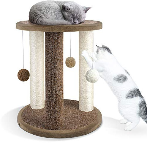 Aibuddy Katzenkratzbaum, Kratzturm mit 3 Kratzstämmen, Teppichboden, Spielplatz und Sitzstange (interaktives Katzenspielzeug, baumelnder Ball, einfach zu montieren, 40 x 40 x 47 cm)