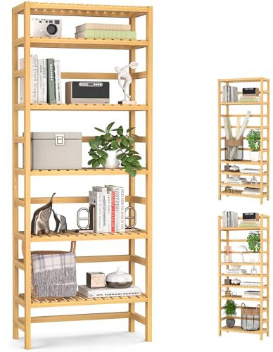 Homykic 6-Tier Bamboo Bookshelves and Bookcases, Adjustable 63.4”Tall Shallow Book Shelf Organizer Rack, Freestanding Storage Shelving Unit for Living Room, Kitchen, Bathroom, Office, Natural