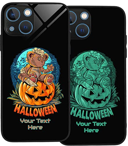 Halloween Spooky Phone Case for iPhone 13 Personalised Case, Slim Anti Scratch Glass panel with shockproof TPU Rims | Glow in the Dark Case | Custom Phone Case-Halloween Teddy Bear