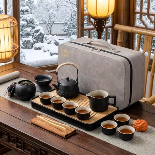 ICHAG Gongfu Tee-Set, tragbares Keramik-Teeset, asiatisches Tee-Set für Erwachsene, Tee-Geschenksets, graues Lederetui, tragbare Reisetasche, Zuhause, Geschenk, Outdoor und Büro