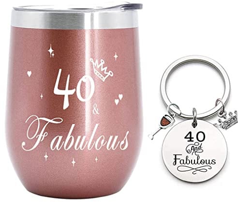 Engraved Stainless Steel Coffee Mug, 40th Birthday Gift for Women, 40 & Fabulous Thermal Mug, Inspirational Gift for Wife, Girlfriend, Mum, 350ml Rose Gold Coffee Mug with Keychain