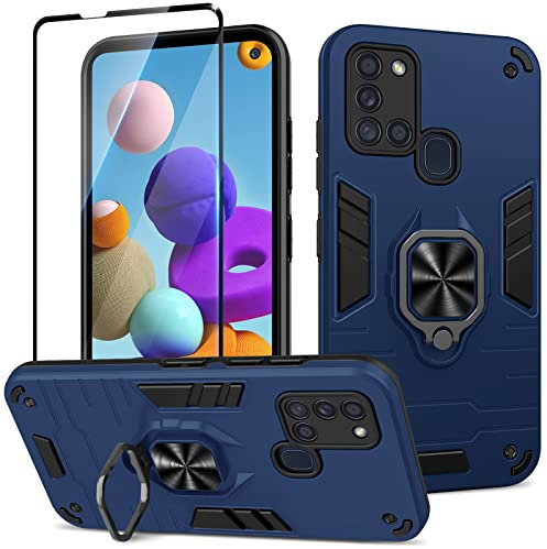 Btstring Hülle kompatibel mit Samsung Galaxy A21S mit Schutzfolie, Militär Standard Stoßfest Handyhülle Case Hybrid Metall Ring Halter Schutzhülle Handy Hüllen Cover -Blau