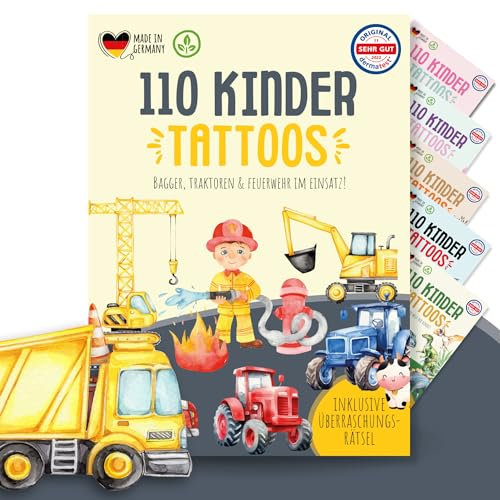 MeinBaby123 110 hautfreundliche Kinder Tattoos mit Baggern, Tattoos für Jungs, Kindertattoos zum Aufkleben, Geschenk für Jungs vegan & made in Germany (Bauernhof & Fahrzeuge)
