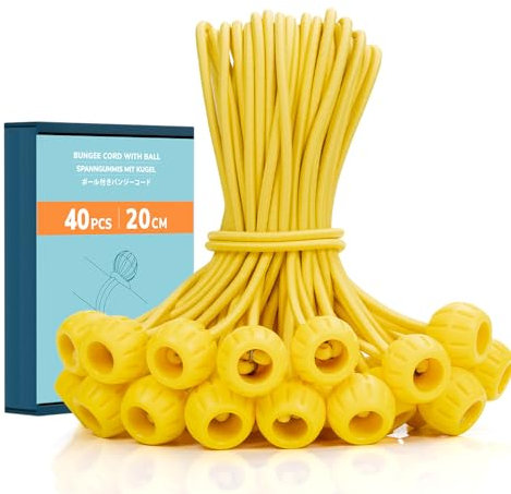 Abma Cord Bungee Cords with Balls 40Pcs x 20cm Bungee Ties with Ball Heavy Duty Tarpaulin Ball Bungee for Tarpaulin, Tent, Banners and Fixing - Yellow