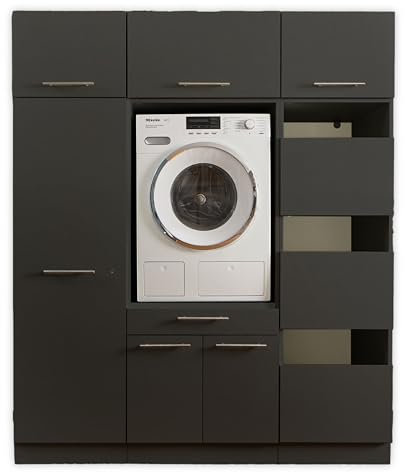 Laundreezy Waschmaschinenschrank, Wäscheschrank, Mehrzweckschrank und 3X Schrankaufsatz, Anthrazit - Waschmaschinen-Überbauschrank TÜV-Zertifiziert mit viel Stauraum - 167,5 x 200 x 67,5 cm (B/H/T)