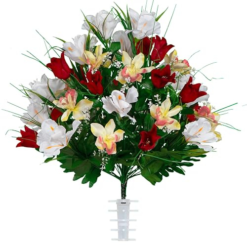 Sympathy Silks Artificial Cemetery Flowers - Grave Decoration - Red Tulips and White Iris (1) Bouquet