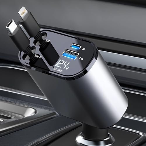 OBEST Einziehbares Auto Ladegerät, 100W Handy Schnellladegerät, Zigarettenanzünder Adapter mit Aufrollbare Kabel (2.6Ft) und 2 USB Ports mit iPhone/Galaxy/Sumsang/Google Pixel/Huawei