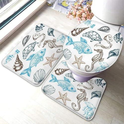 Set 3 Teilig Badvorleger Unterwasser Meereslebewesen, Wasserfische, Muscheln, Quallen, Austern, Tintenfische, Seepferdchen Kontur Badteppich Langlebige Badgarnitur Badematten, Für Wc-Sitz Bezug