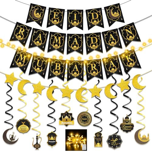 Ramadan Deko, Dalugo Ramadan Mubarak Eid Dekoration, Ramadan Mubarak Banner mit 3M Lichterketten, Gold Stern Mond, EID Mubarak Deko für Muslim Islamic Ramadan Eid Party Kareem
