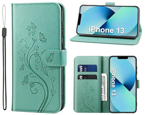 KRAFTCARE Handyhülle für iPhone 13 Hülle, für iPhone 13 Hülle mit Kartenfach Geld Slot Ständer Magnetic Closure, Flip Case Leder Schutzhülle Tasche Handyhülle für iPhone 13 Hülle, Grün