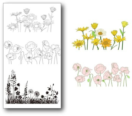 DIYology Transparente Stempel mit Mohnblumen, für Kartengestaltung oder Tagebuch, Löwenzahn-Silhouette, Silikonstempel, Gänseblümchen-Hintergrund, Gummistempel für Scrapbooking, Fotoalbum,