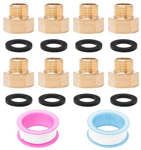 Neikafan 8 Pcs 1/2 Female to 3/8 Male BSP Thread Brass Hex Bushing Reducing Connector Female 1/2 inch to Male 3/8 inch Adapter for Pipe Connecting Conversion with Sealing Rings