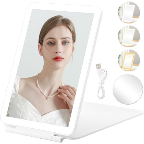 Rechargeable Travel Makeup Mirror with Lights, Vanity Mirror with 72 Led Lights, Portable Touch Screen Adjustable Folding Travel Mirror with Lights 3 Color Lighting with 10x Magnification Mirror