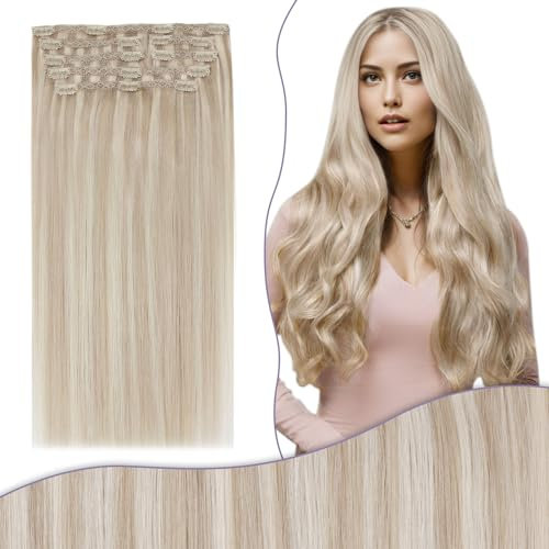 Fshine Echthaar Extensions Clip 60cm 150g 7 Stücke Aschblondes Highlight mit Bleichblond Remy Echthaar Clip in Extensions Allergiefrei Farbe 18P613