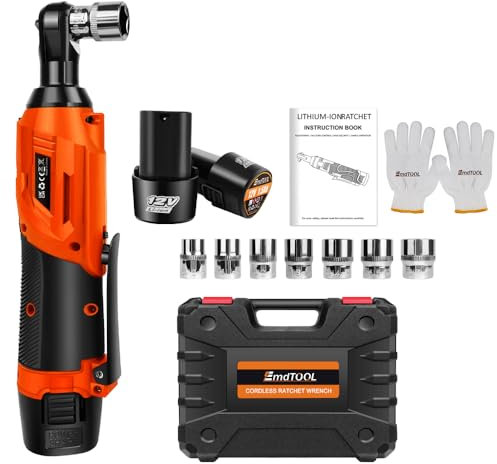 Qimu Cordless Ratchet Wrench 12V Electric Ratchet Set 3/8 Power Ratchet Wrenches with 2 Pack 1.5Ah Lithium-Ion Battery & Charger, 7 Sockets, 40N.m, LED Light, Orange