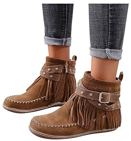 Dasongff Stivaletti Santiags Western Donna Stivali Indiani Beige Frangia Ankle Boots Punta rotonda con frangia Stivali corti Casual Stivali invernali Autunno Tacco piatto Chelsea Boots