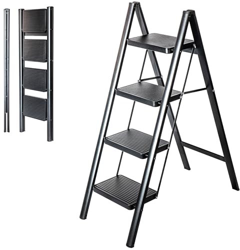 HOSTROM Escabeau 4 marches FOLDPACT4, Marche Pied Pliable, Design Ultra-Compact, Marches Larges 17,5 cm, Acier, Etagère temporaire, Garantie 5 Ans
