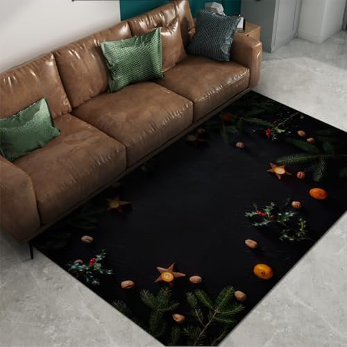 Via Vela Weihnachten Thema Teppich 100x200cm - Grüne Kiefernzweige Stechpalme Nussbaum Orange Muster Waschbar Weicher Rutschfester niedriger Flor Dünner Teppich für Schlafzimmer
