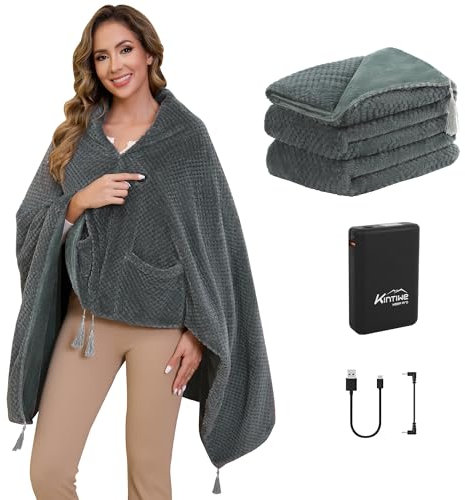 Cordless Heated Blanket Throw Battery Operated, Portable Electric Heated Poncho Shawl with Zipper and Pockets, 4 Heating Areas & 3 Heating Modes,Heating Blanket for neck and Shoulders and Back,Grey