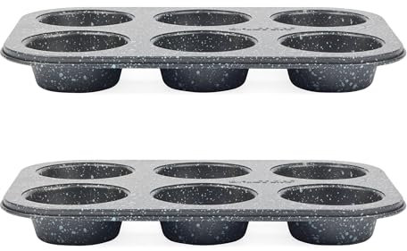 Salter Megastone Carbon Steel 6 Cup Muffin Pan Set of 2, Baking Tray, Cake Tin, Non-Stick Coating, PFOA-Free, Oven Safe, Long-Lasting Bakeware, Strong & Durable