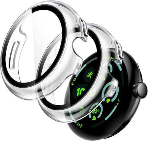 JETech Funda con Protector de Pantalla para Google Pixel Watch 3 (2024) 45mm, Cristal Vidrio Templado Incorporado 9H Carcasa PC Dura Protectora Cobertura Completa, 2 Unidades (Transparente)