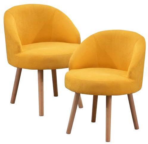 Homullel Set of 2 Small Accent Tub Chairs Occasional Lounge Sofa for Living Room Bedroom, Upholstered Fabric with Solid Wood Legs (Set of 2 Yellow)