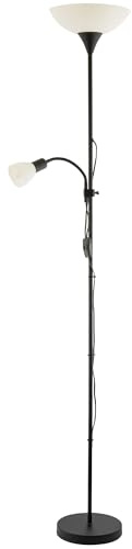 Happy Homewares Matte Black Mother and Child Floor Lamp with Adjustable Reading Light and Switches | 180cm x 25cm | Opal White Polycarbonate Shades | 1 x 11w and 1 x 7w