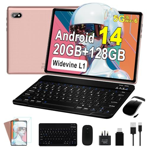 Tablet 10 Inch Android 14, Octa-Core 2.0 GHz, 20GB RAM + 128GB ROM(2TB TF), 5G WiFi, Bluetooth 5.0, GMS, Widevine L1, 1280 * 800 IPS FHD, 5MP + 8MP, 6000mAh, Newest Tablet with Keyboard & Mouse, Rose