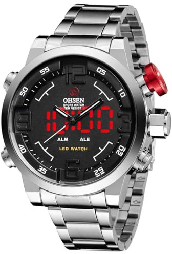 Alienwork DualTime Analog-LED Armbanduhr Herren Damen Silber Edelstahl Metallarmband Kalender Schwarz Multi-Funktion Multi Zeitzonen