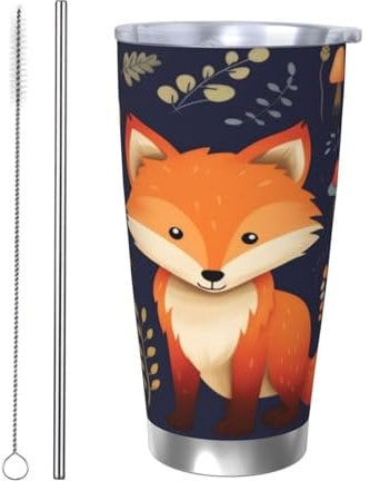 XKBFKLKMC Cute Animal Fox Flower 20oz Insulated Stainless Steel Tumbler with Lids and Straws, Double Wall Vacuum Travel Coffee Mug, Thermal Cup for Cold & Hot Drinks, Reusable Metal Straw & Brush