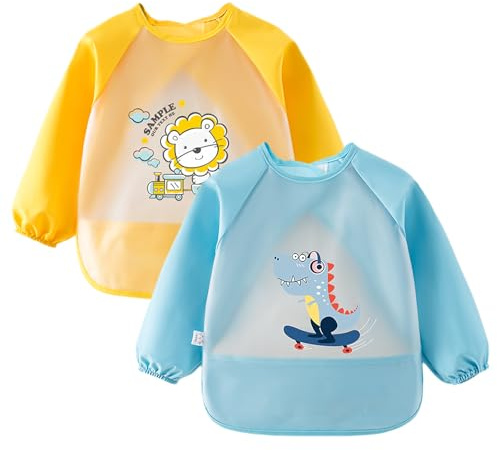 Lvjkes lätzchen mit ärmeln, ärmellätzchen baby, 2 Pack wasserdichte Baby-Lätzchen mit langen Ärmeln und einer Tasche zum Auffangen von Lebensmitteln für Kleinkinder von 2-4 Jahren, blau und grün