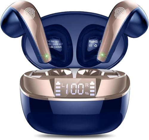Auriculares Inalámbricos Bluetooth, Auriculares Bluetooth 5.4 con 4 HD Mic, HiFi Estéreo Cascos Inalambricos, Ajuste Cómodo Auricular, 47H/LED Reducción de Ruido Cascos, IP7 Impermeable, USB-C, Azul