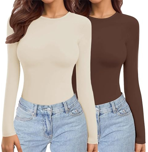 Ekouaer Womens 2 Pack Long Sleeve Tops Crew Neck Shirts Thermal Tops Stretch Fitted Underscrubs Layer Tee Brown + Beige XXL