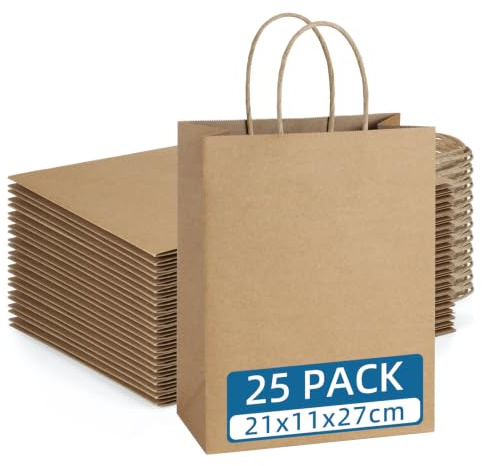 Eupako 25 Pcs Gift Bags with Handles 27x21x11cm Brown Paper Bags | Kraft Paper, Recycled, Medium Size, Sturdy Handles, For Gift Giving, Crafts, Party Favors, Christmas, Business Packaging